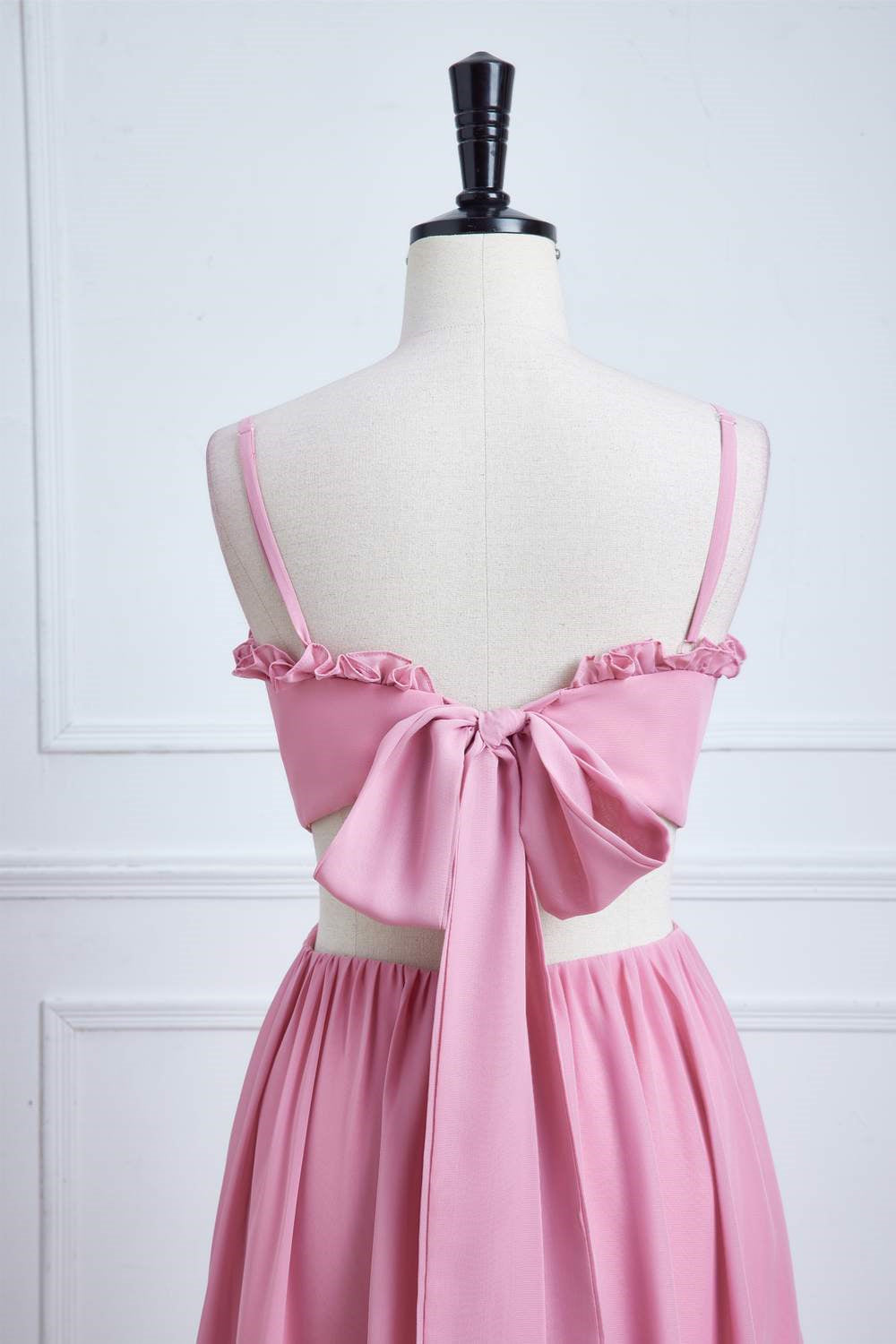 Spaghetti Straps Pink Bow Tie Back Bridesmaid Dress