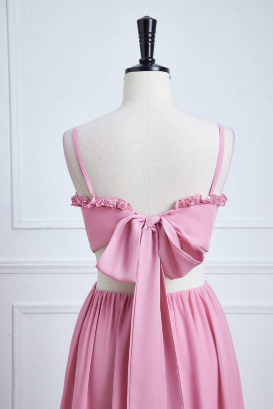 Spaghetti Straps Pink Bow Tie Back Bridesmaid Dress