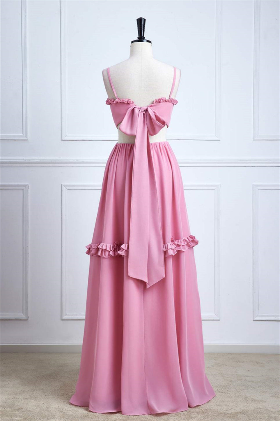 Spaghetti Straps Pink Bow Tie Back Bridesmaid Dress