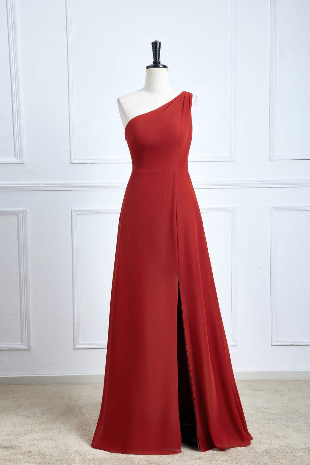 One Shoulder Rust Chiffon A-line Slit Bridesmaid Dress