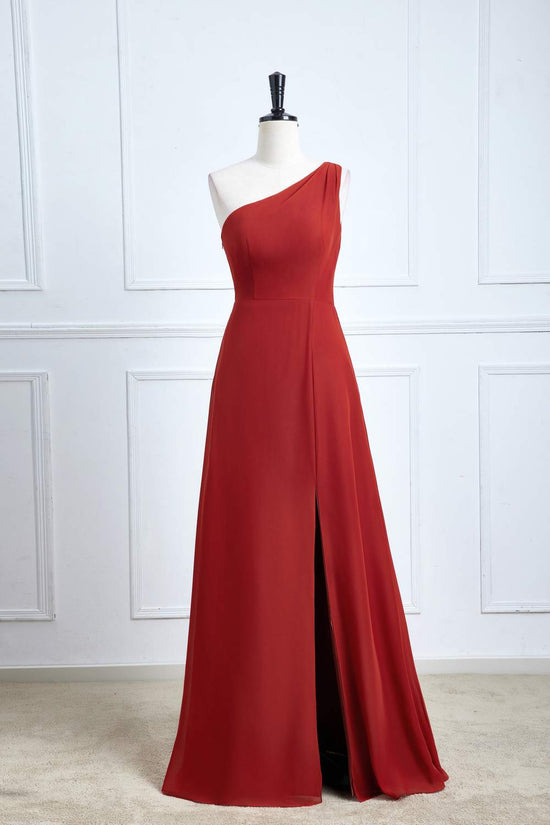 One Shoulder Rust Chiffon A-line Slit Bridesmaid Dress