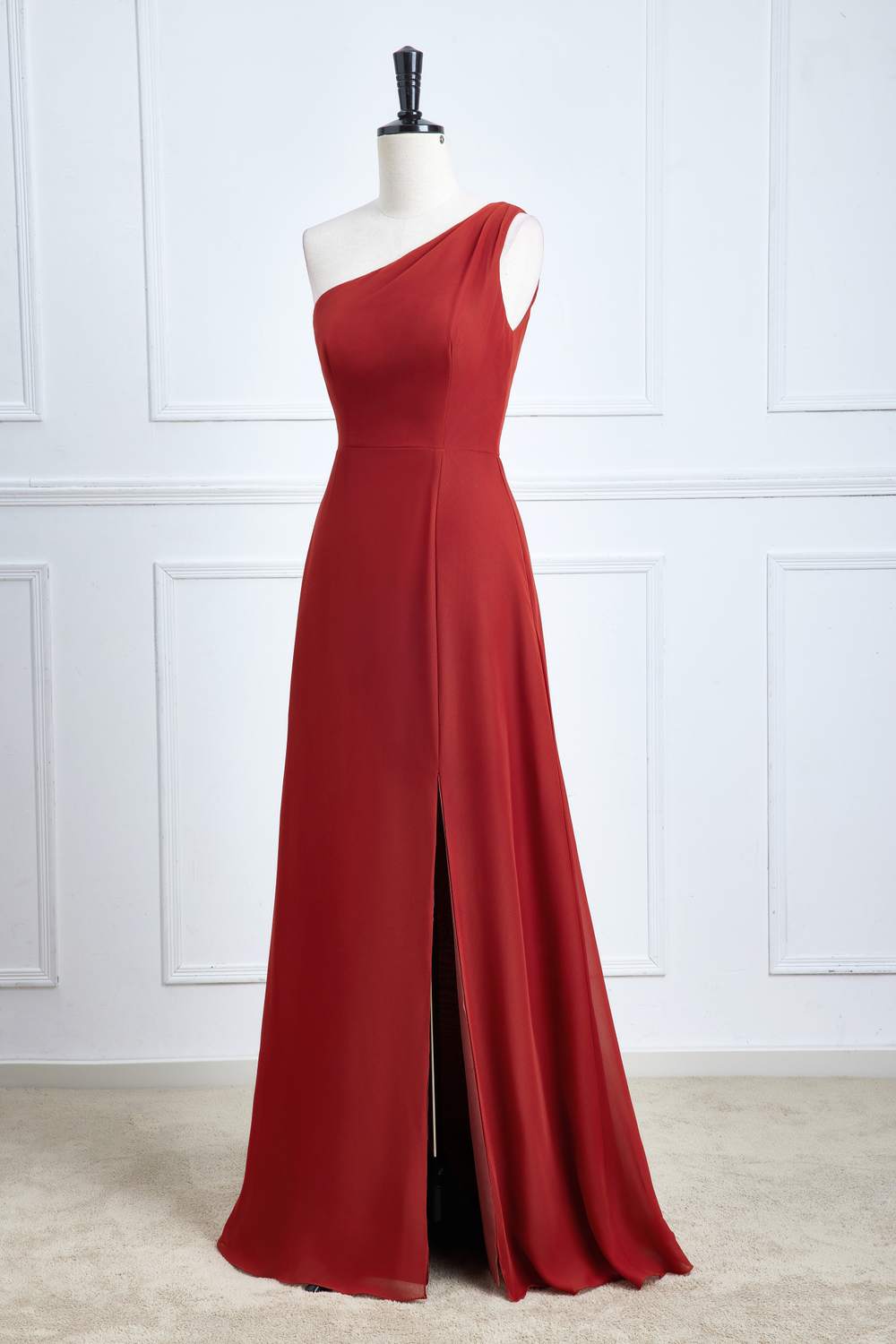 One Shoulder Rust Chiffon A-line Slit Bridesmaid Dress