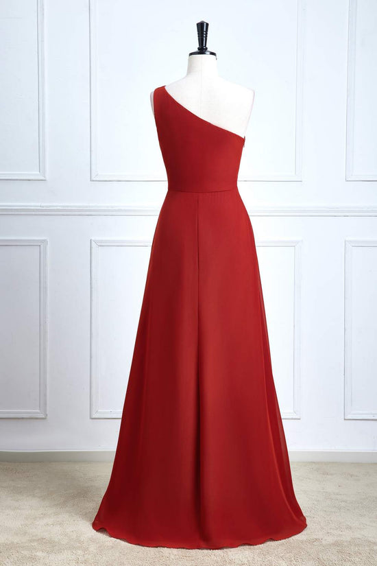 One Shoulder Rust Chiffon A-line Slit Bridesmaid Dress