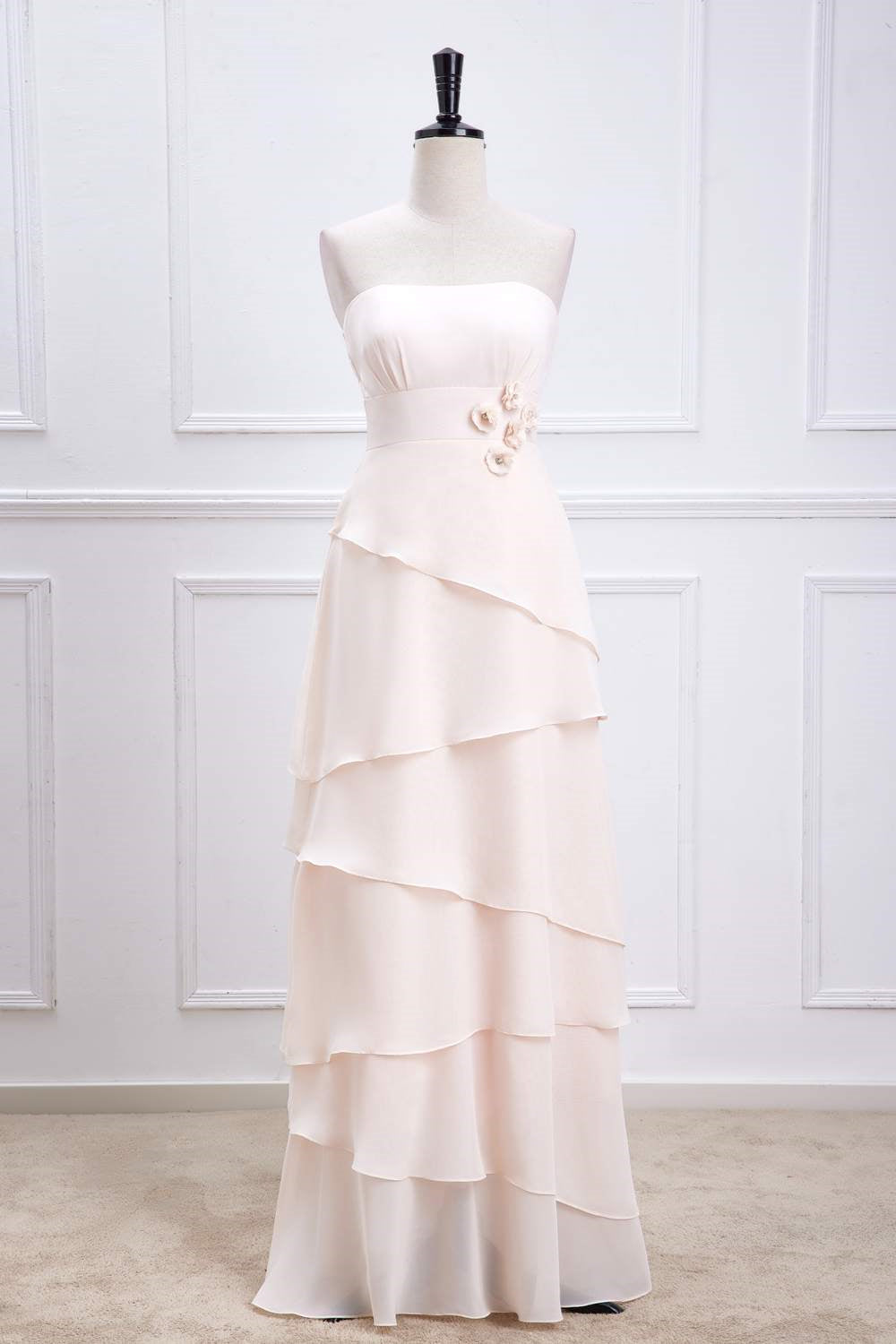 Strapless Pink Chiffon A-line Layers Long Bridesmaid Dress