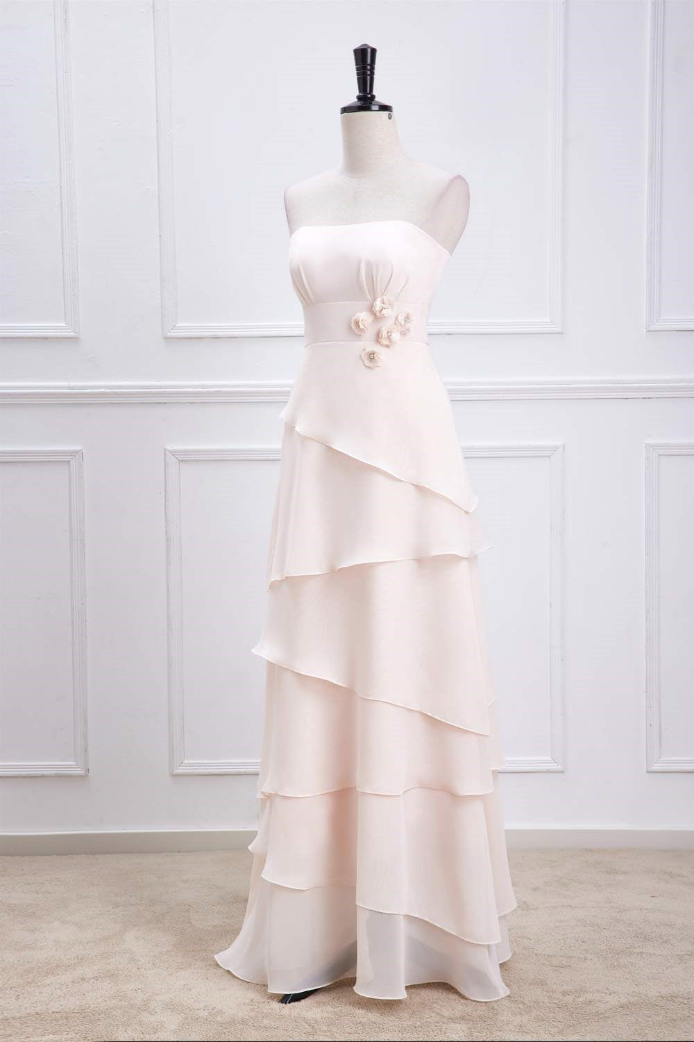 Strapless Pink Chiffon A-line Layers Long Bridesmaid Dress