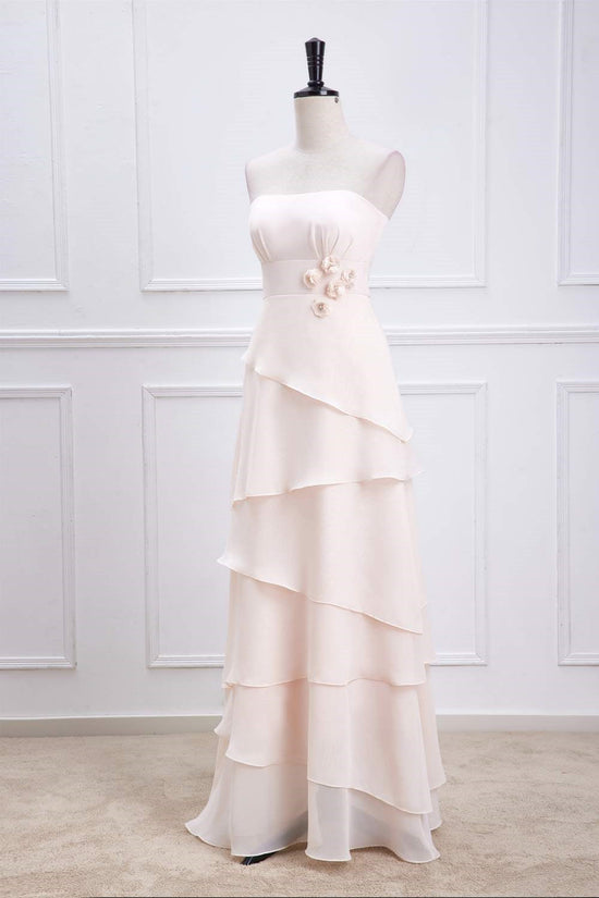 Strapless Pink Chiffon A-line Layers Long Bridesmaid Dress