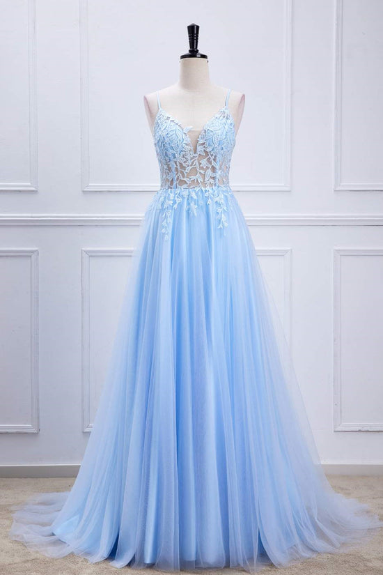 Straps Light Blue Lace Appliques A-line Tulle Long Prom Dress