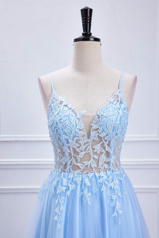 Straps Light Blue Lace Appliques A-line Tulle Long Prom Dress