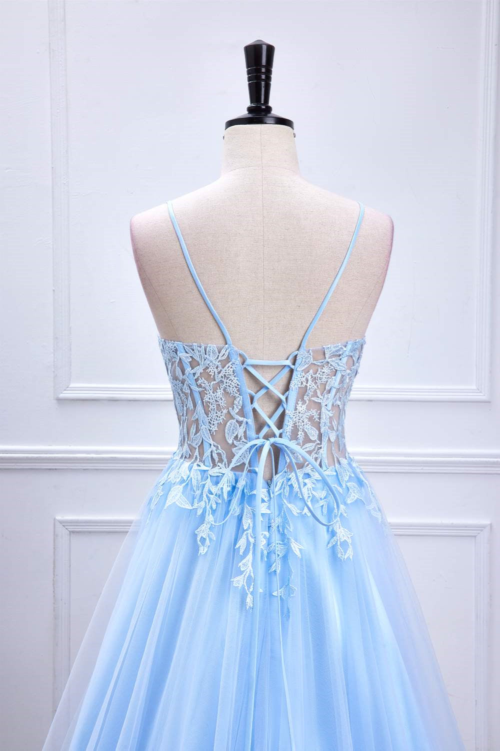 Straps Light Blue Lace Appliques A-line Tulle Long Prom Dress