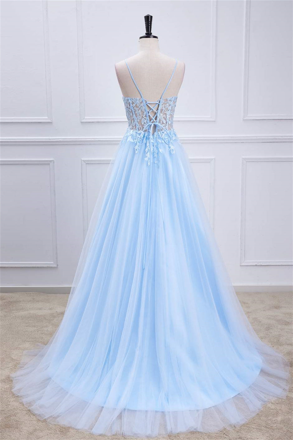 Straps Light Blue Lace Appliques A-line Tulle Long Prom Dress