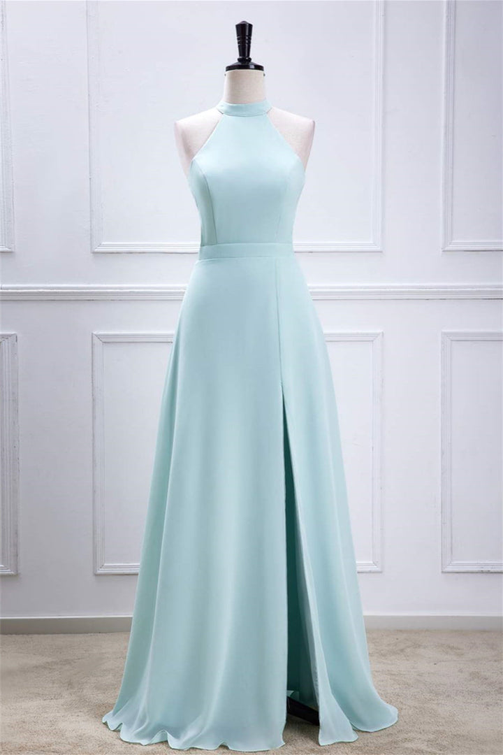 A-line Chiffon Blue Halter Slit Long Bridesmaid Dress