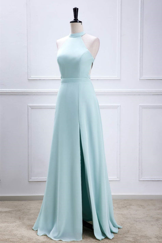 A-line Chiffon Blue Halter Slit Long Bridesmaid Dress