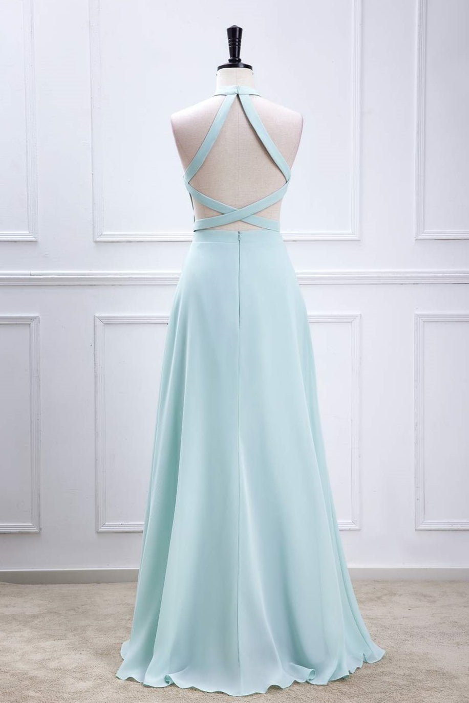 A-line Chiffon Blue Halter Slit Long Bridesmaid Dress