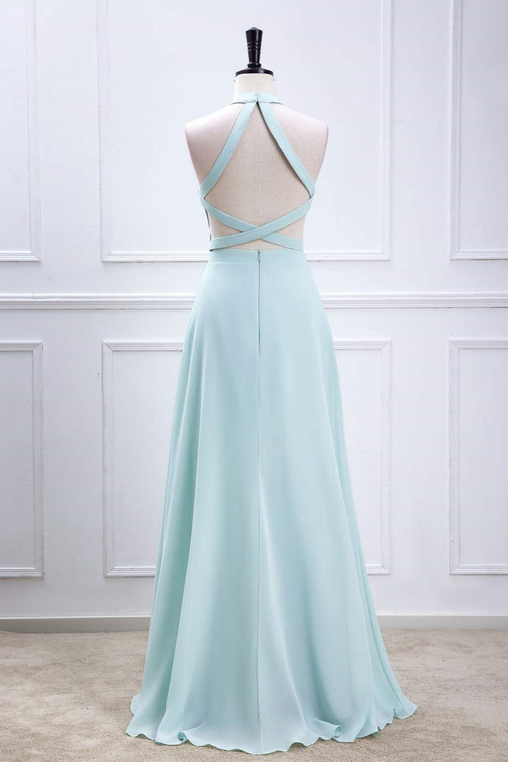 A-line Chiffon Blue Halter Slit Long Bridesmaid Dress