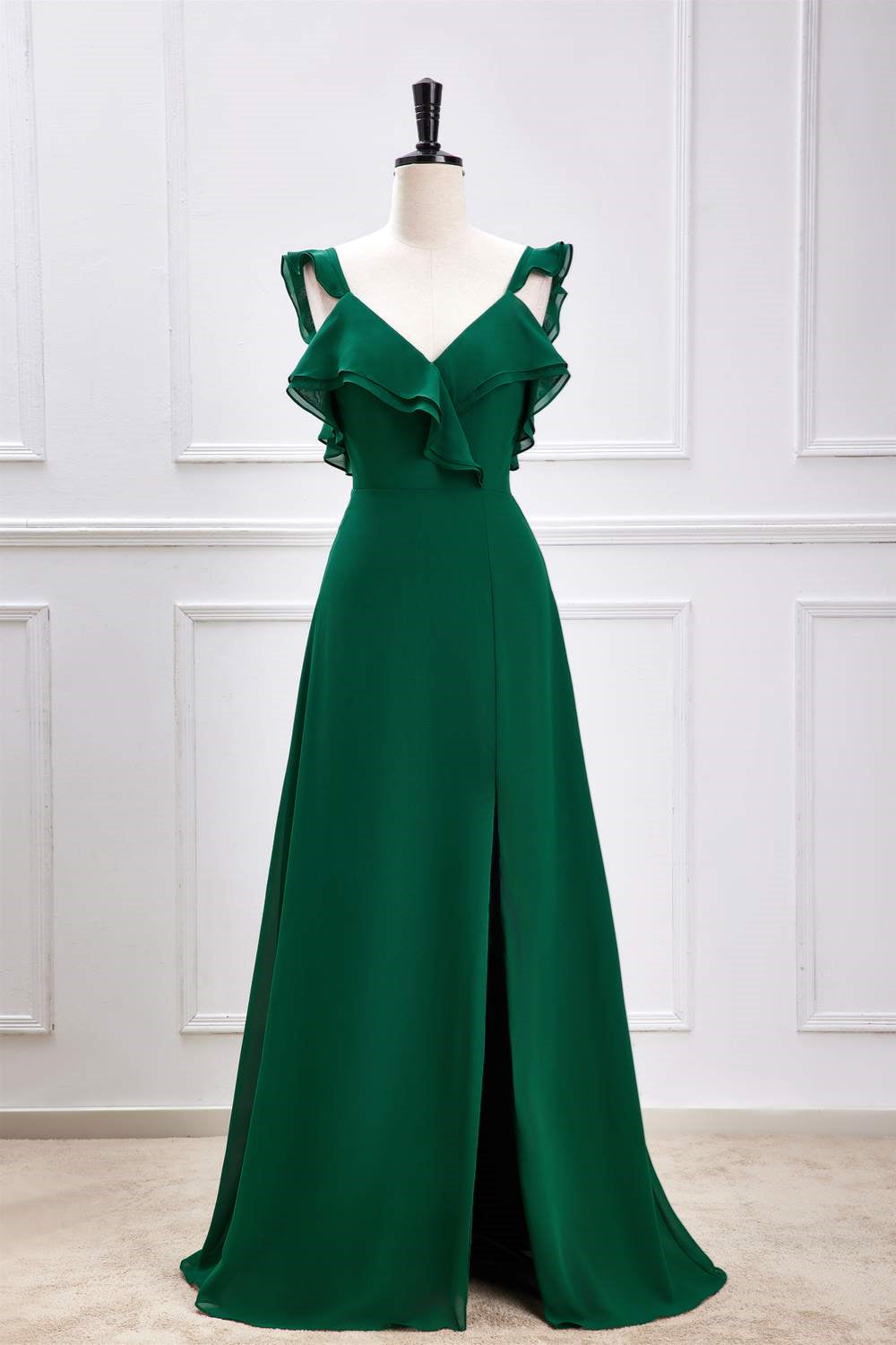 V-Neck Green Flutter Sleeves Ruffled Slit Long Bridesmaid Dress