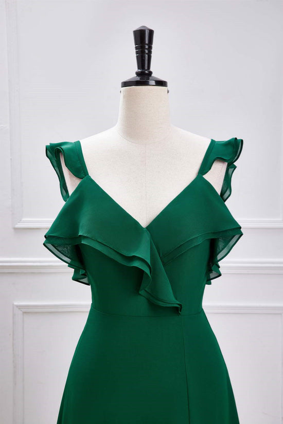 V-Neck Green Flutter Sleeves Ruffled Slit Long Bridesmaid Dress