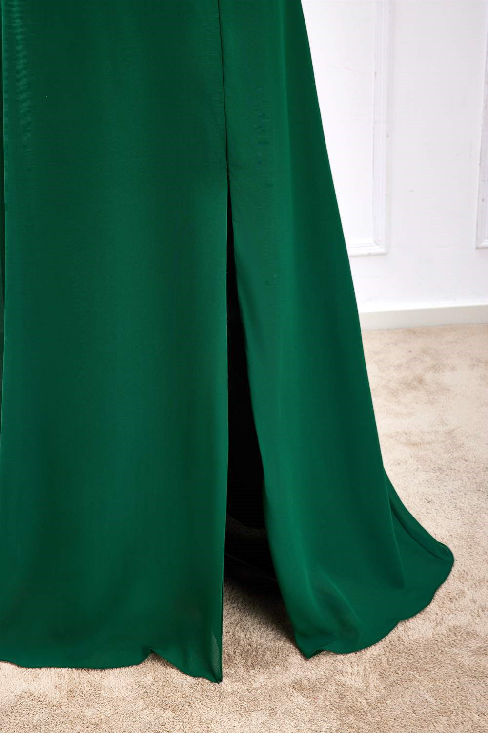 V-Neck Green Flutter Sleeves Ruffled Slit Long Bridesmaid Dress