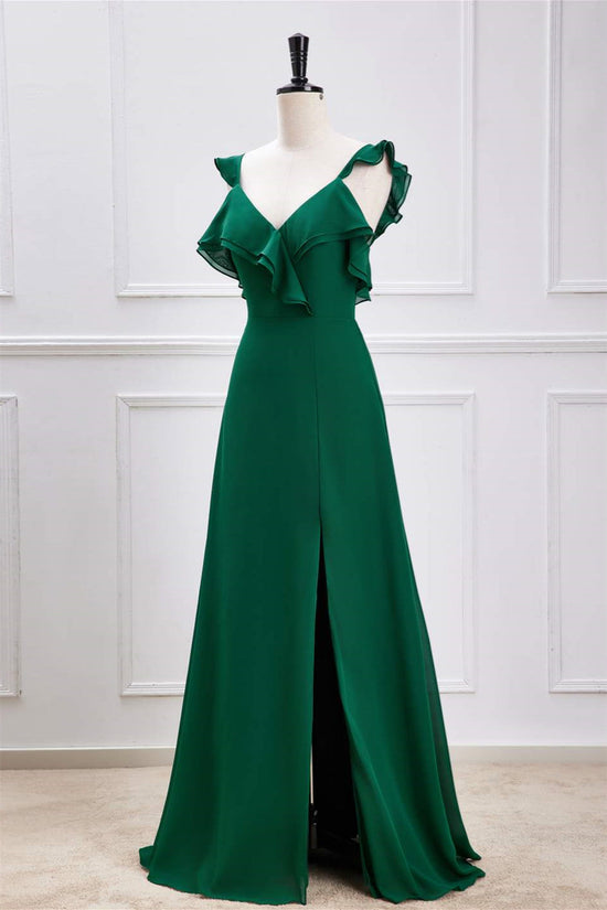 V-Neck Green Flutter Sleeves Ruffled Slit Long Bridesmaid Dress