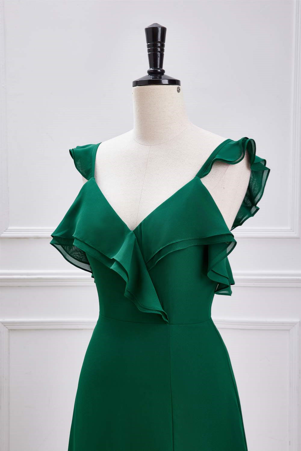 V-Neck Green Flutter Sleeves Ruffled Slit Long Bridesmaid Dress