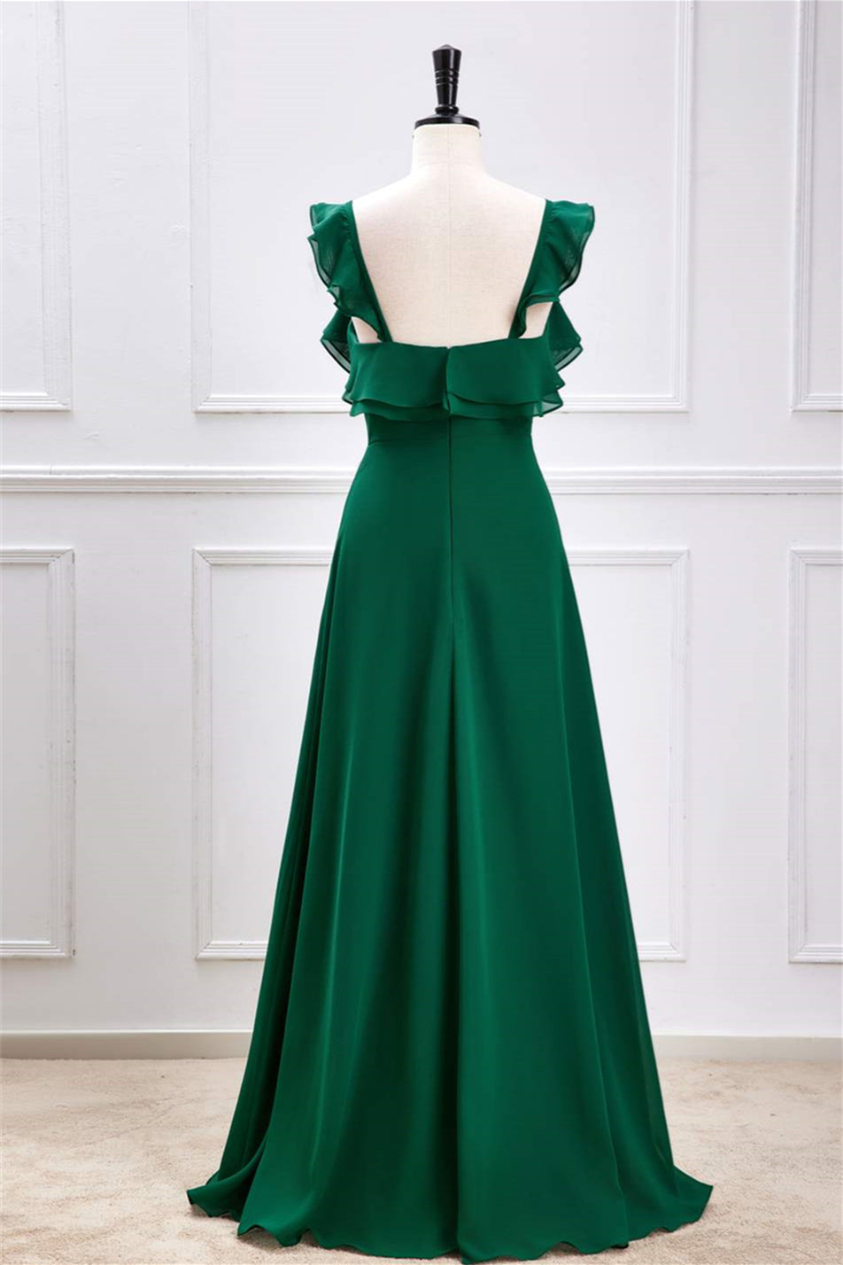 V-Neck Green Flutter Sleeves Ruffled Slit Long Bridesmaid Dress