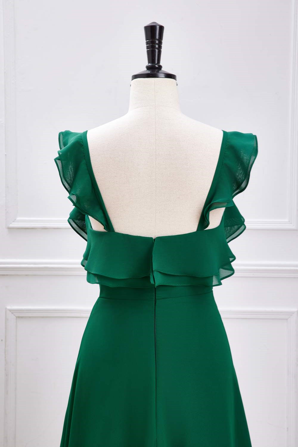 V-Neck Green Flutter Sleeves Ruffled Slit Long Bridesmaid Dress