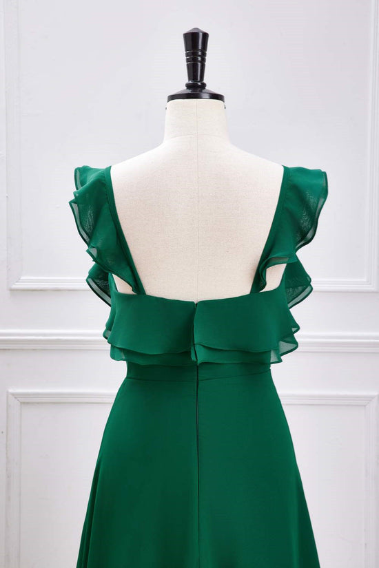 V-Neck Green Flutter Sleeves Ruffled Slit Long Bridesmaid Dress