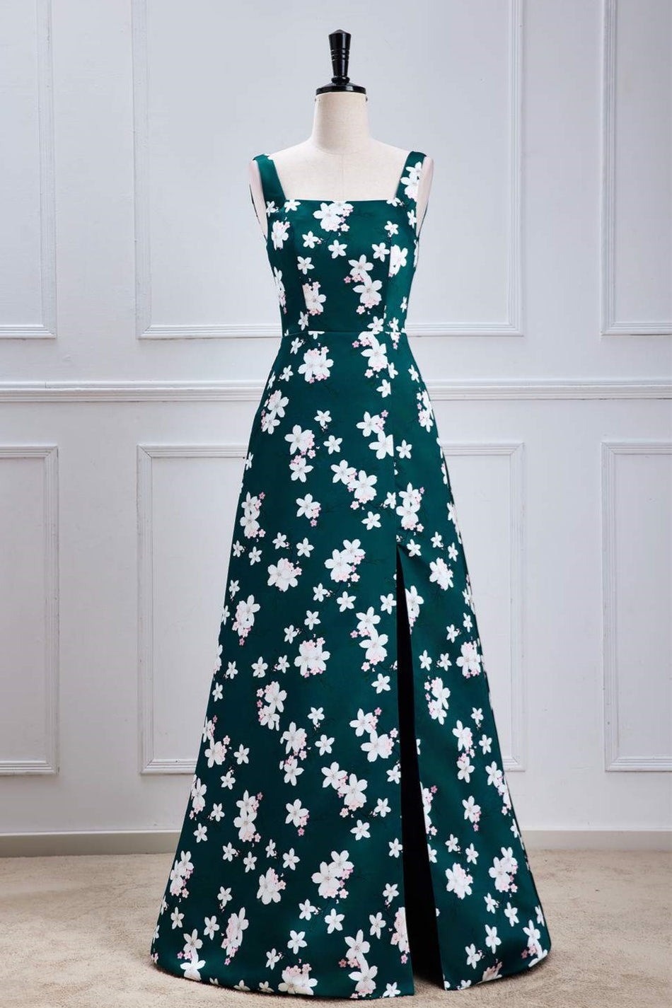 Square-Neck Green Floral Prints A-line Slit Bridesmaid Dress