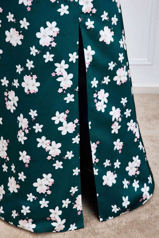 Square-Neck Green Floral Prints A-line Slit Bridesmaid Dress