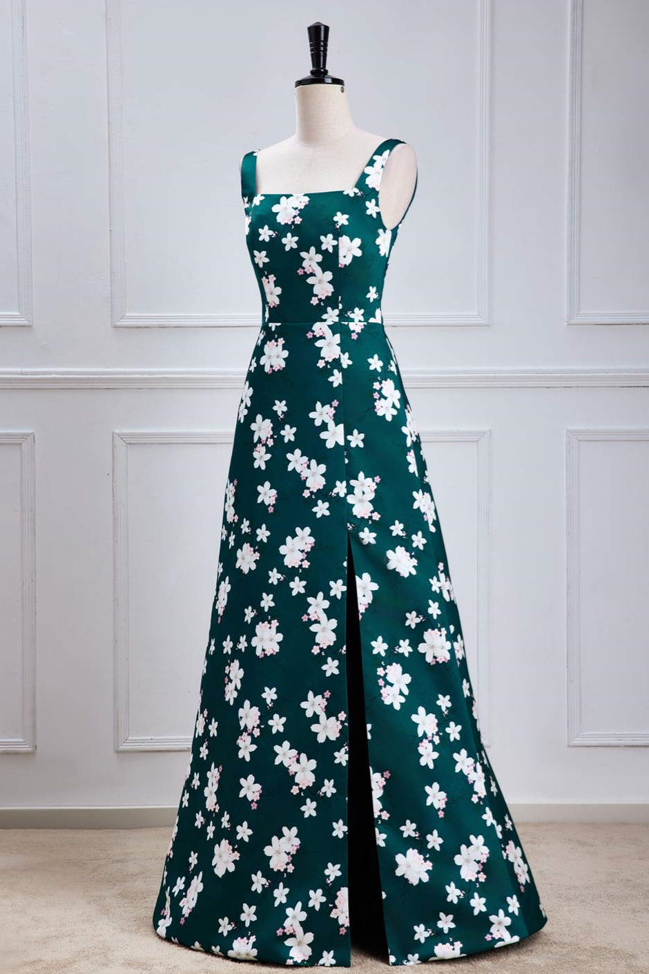 Square-Neck Green Floral Prints A-line Slit Bridesmaid Dress