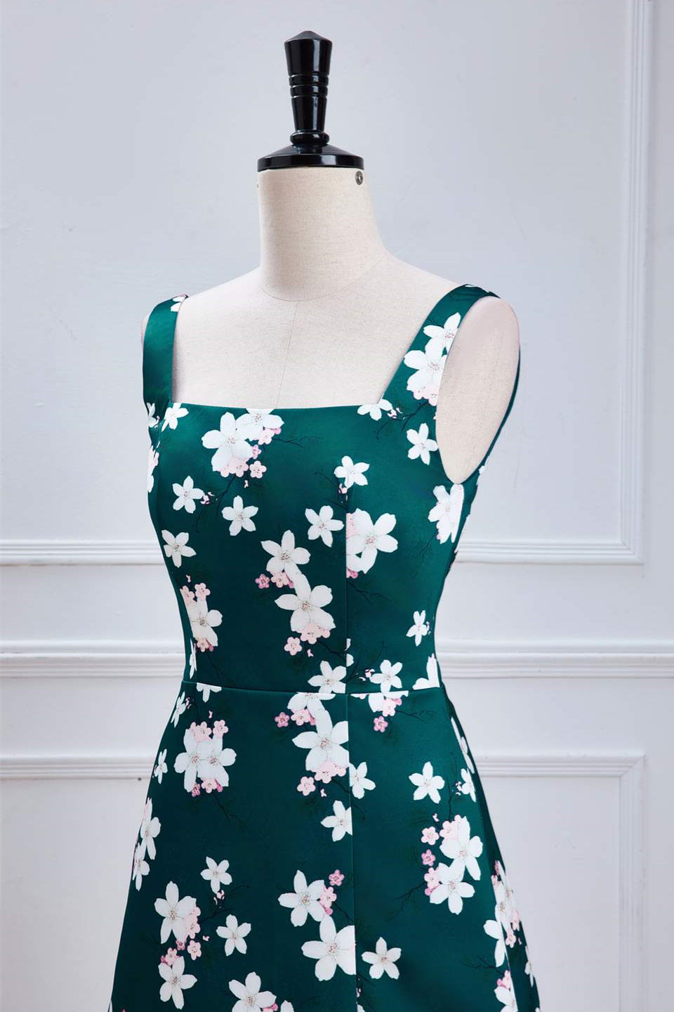 Square-Neck Green Floral Prints A-line Slit Bridesmaid Dress