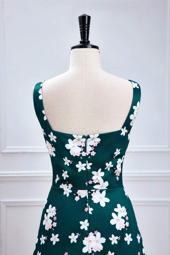 Square-Neck Green Floral Prints A-line Slit Bridesmaid Dress