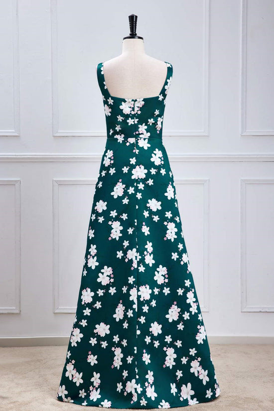 Square-Neck Green Floral Prints A-line Slit Bridesmaid Dress