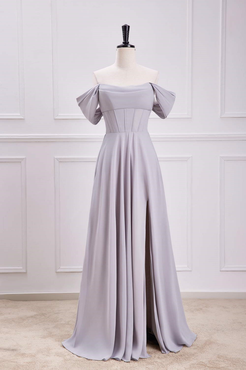 Off-Shoulder Grey Chiffon A-line Slit Long Bridesmaid Dress