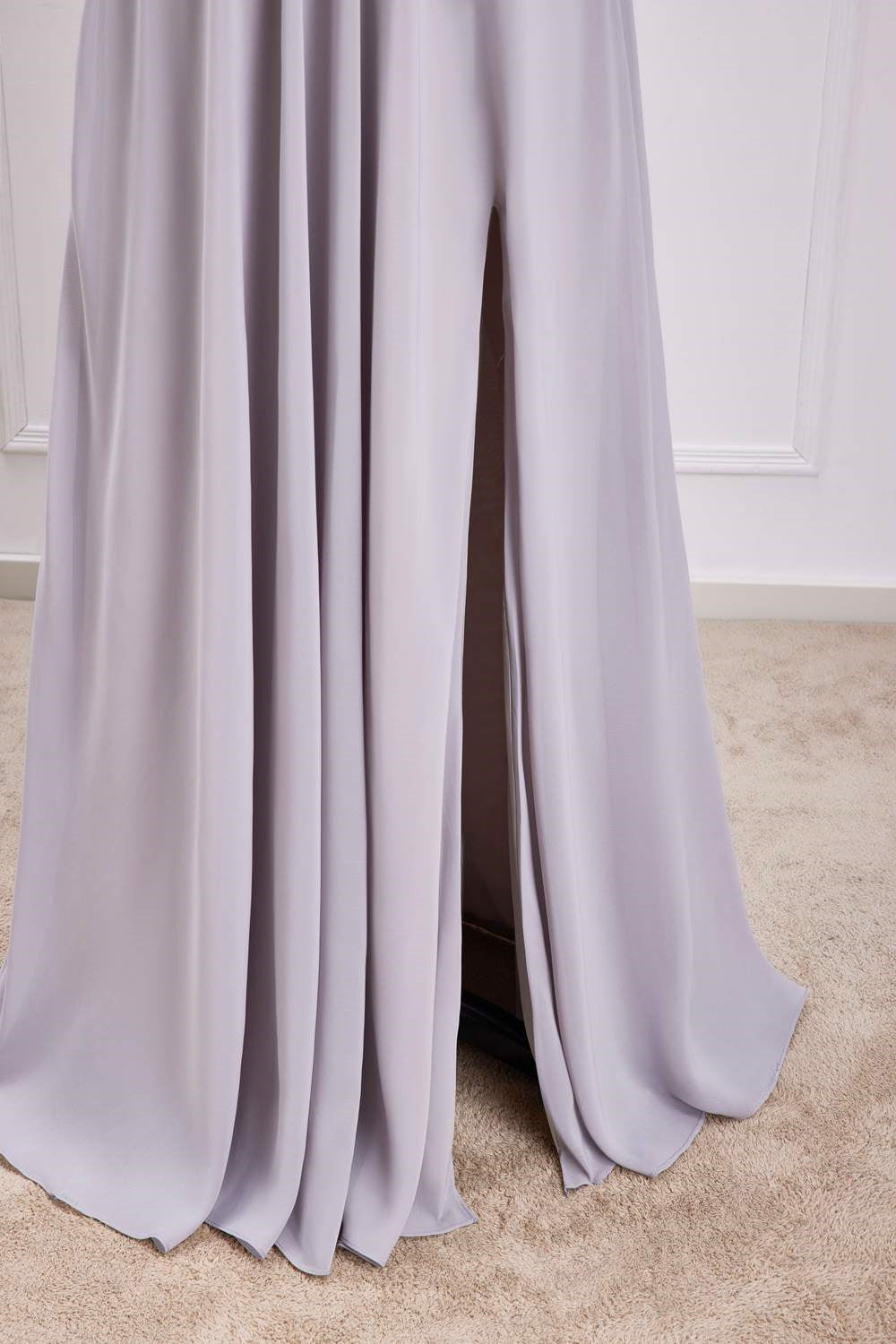 Off-Shoulder Grey Chiffon A-line Slit Long Bridesmaid Dress