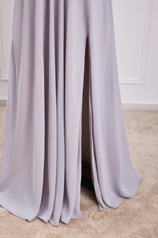 Off-Shoulder Grey Chiffon A-line Slit Long Bridesmaid Dress