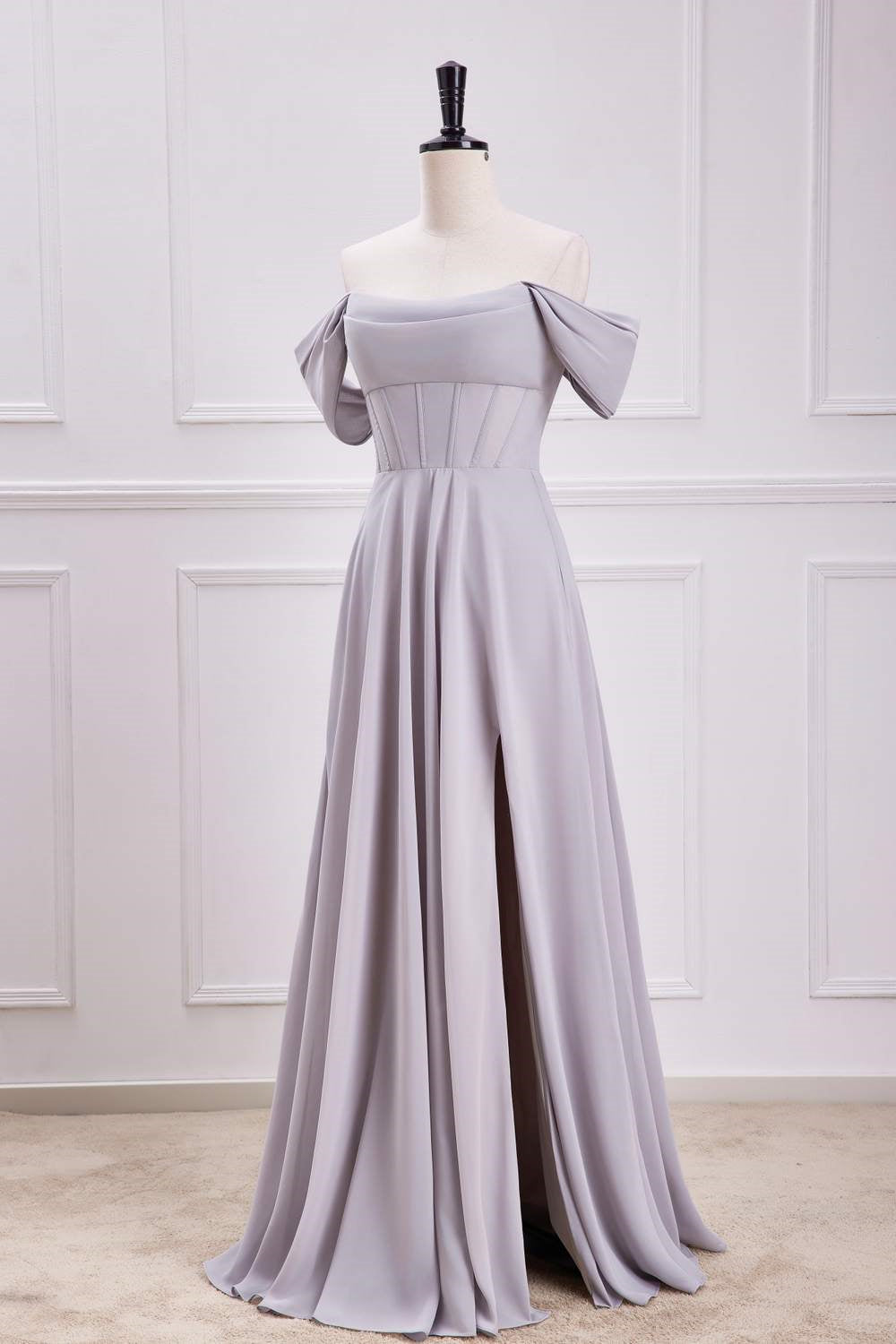 Off-Shoulder Grey Chiffon A-line Slit Long Bridesmaid Dress