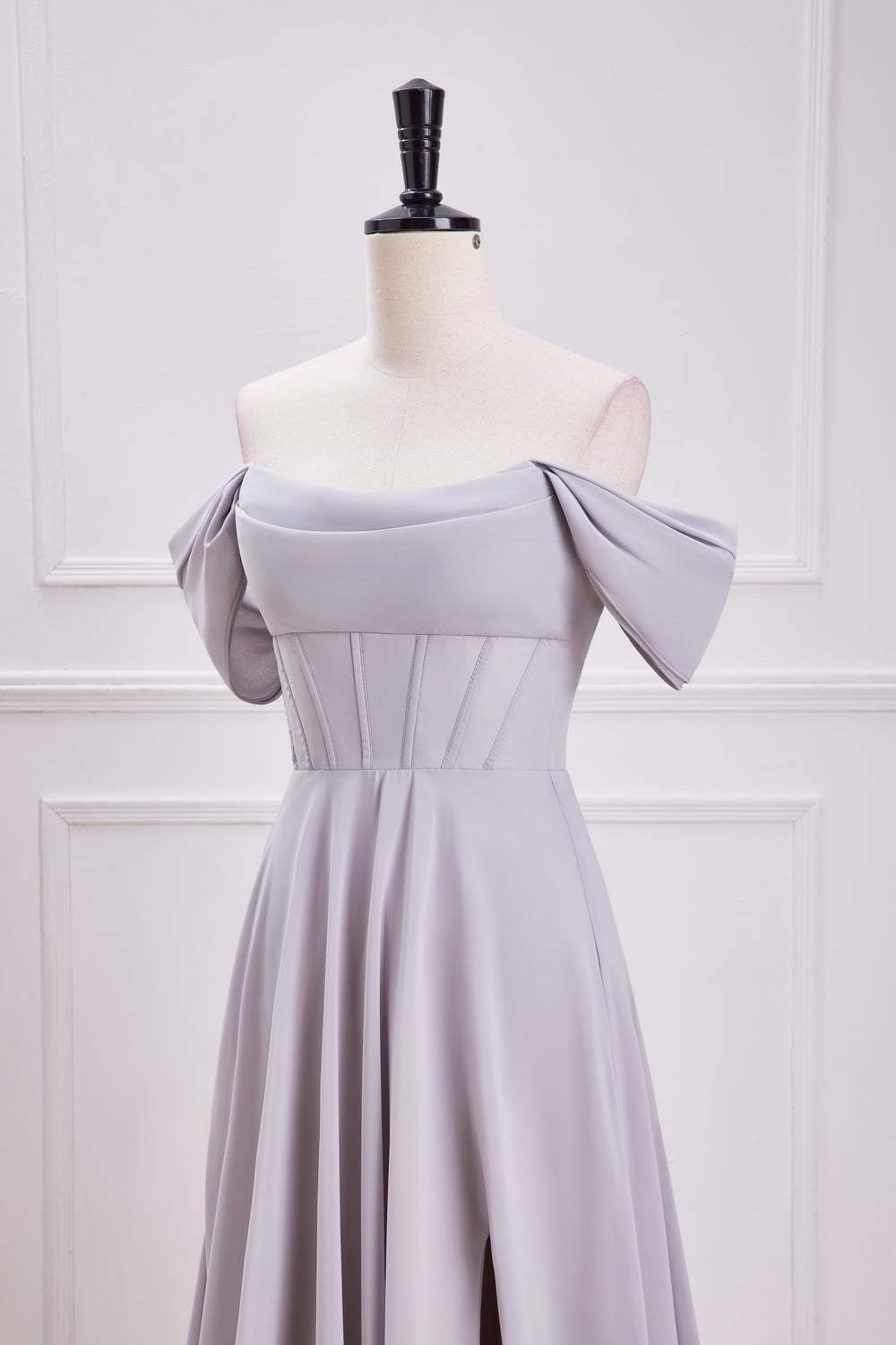 Off-Shoulder Grey Chiffon A-line Slit Long Bridesmaid Dress