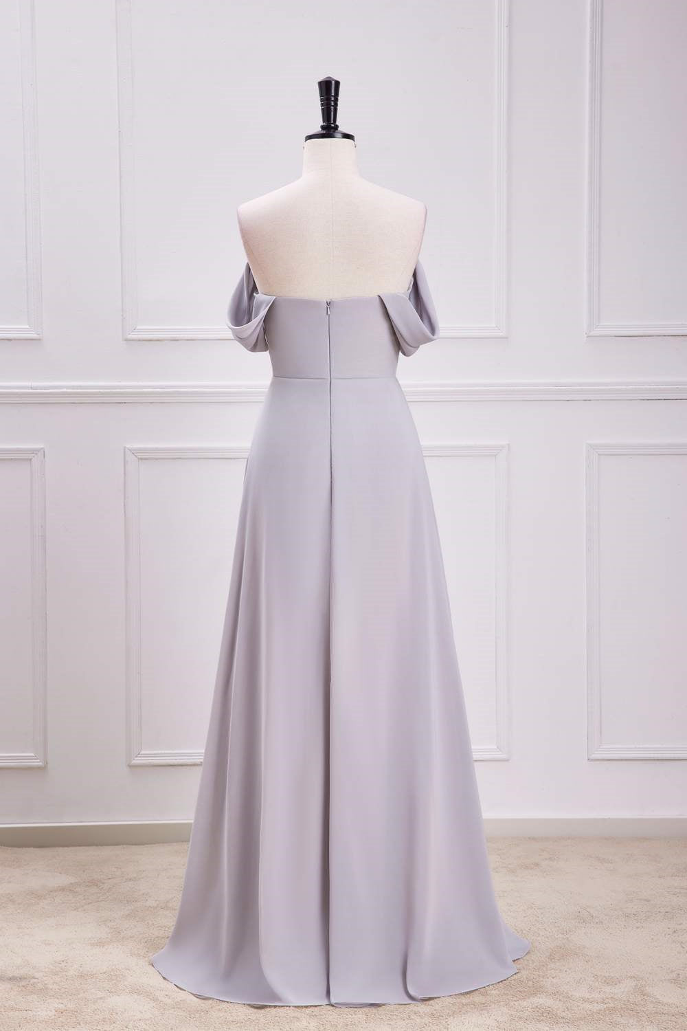 Off-Shoulder Grey Chiffon A-line Slit Long Bridesmaid Dress