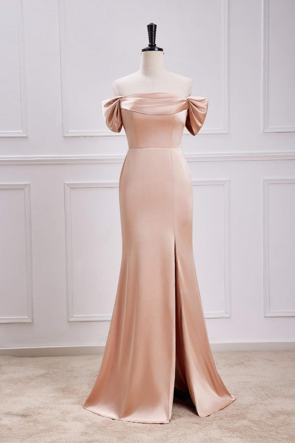 Off-Shoulder Champagne Satin Slit Mermaid Long Bridesmaid Dress