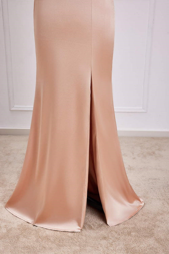 Off-Shoulder Champagne Satin Slit Mermaid Long Bridesmaid Dress