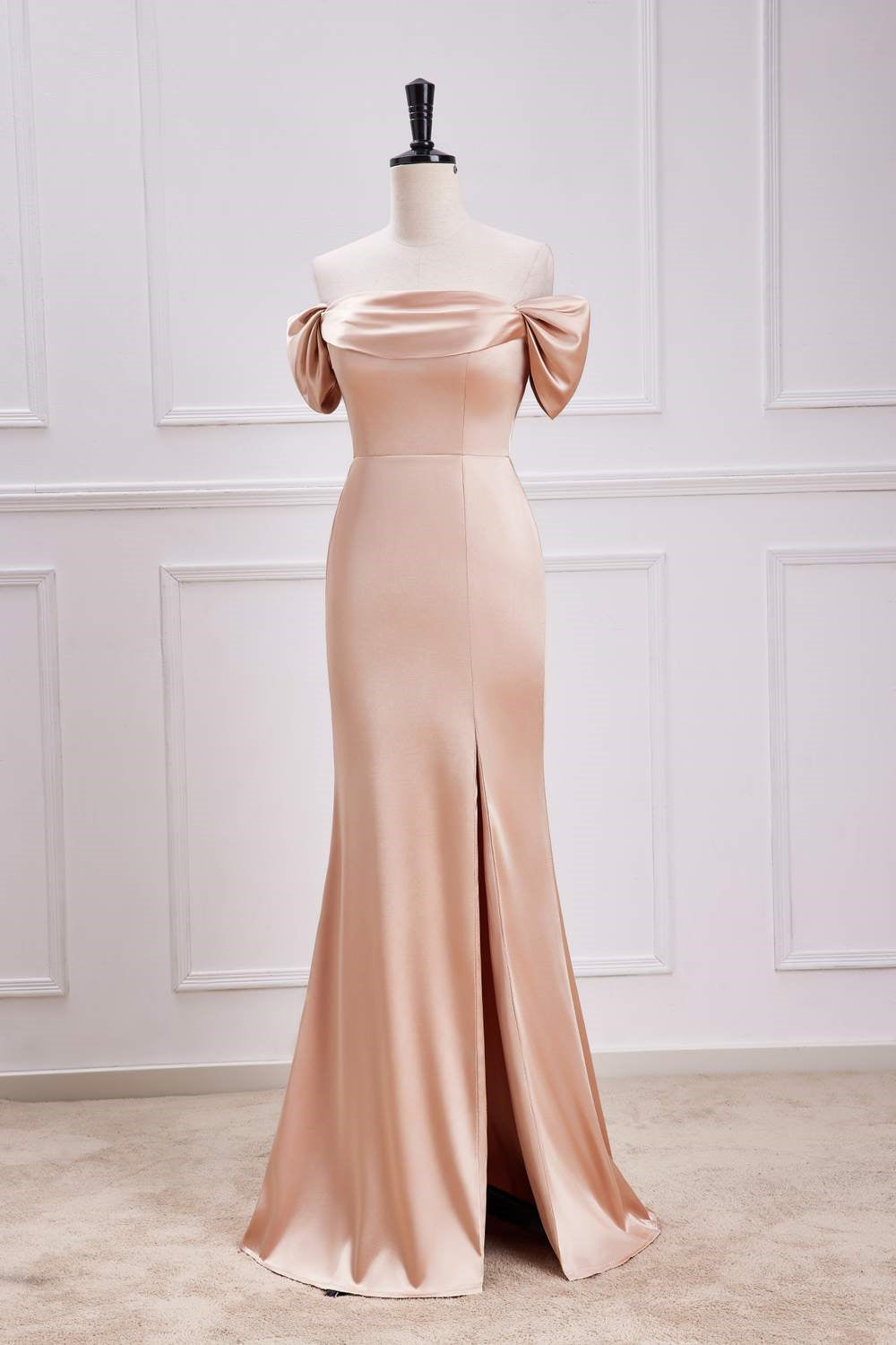 Off-Shoulder Champagne Satin Slit Mermaid Long Bridesmaid Dress