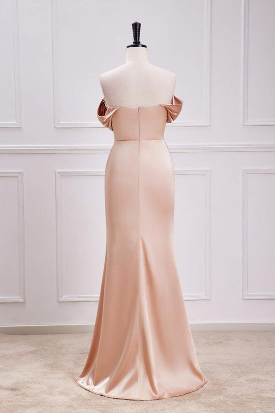 Off-Shoulder Champagne Satin Slit Mermaid Long Bridesmaid Dress