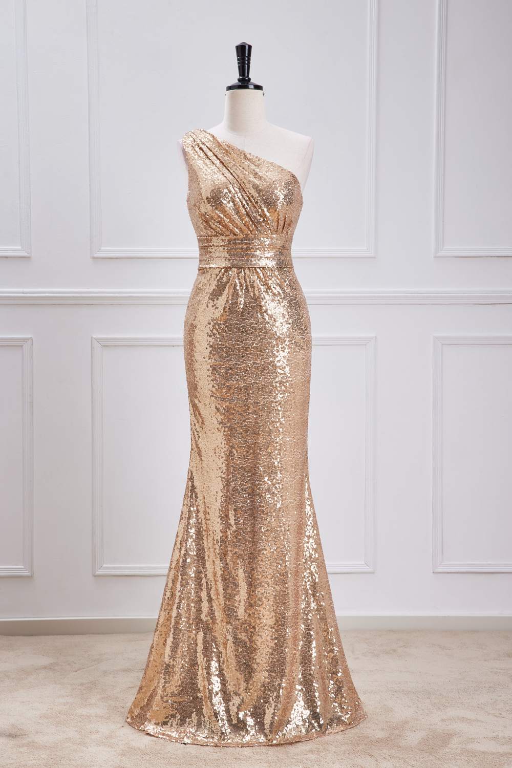 One Shoulder Sequins Champagne Long Mermaid Bridesmaid  Dress