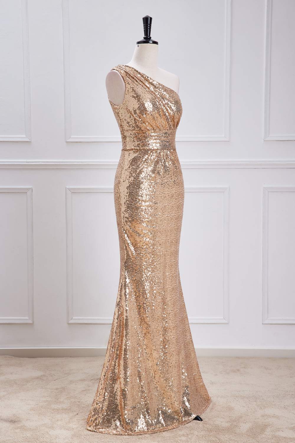 One Shoulder Sequins Champagne Long Mermaid Bridesmaid  Dress