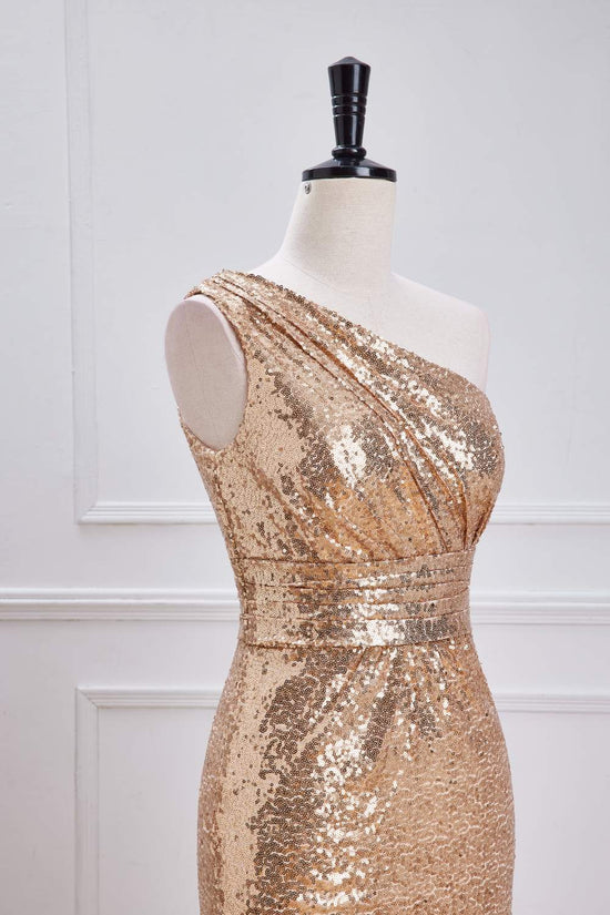 One Shoulder Sequins Champagne Long Mermaid Bridesmaid  Dress