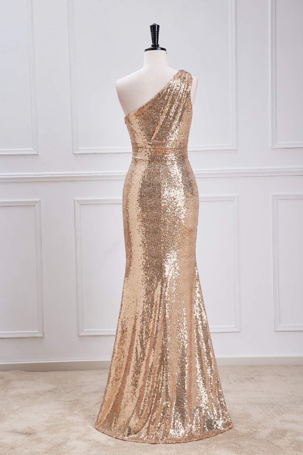 One Shoulder Sequins Champagne Long Mermaid Bridesmaid  Dress