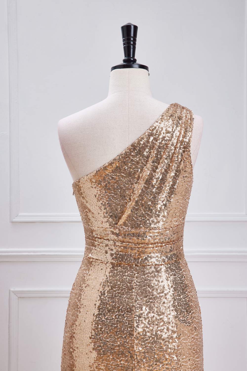 One Shoulder Sequins Champagne Long Mermaid Bridesmaid  Dress