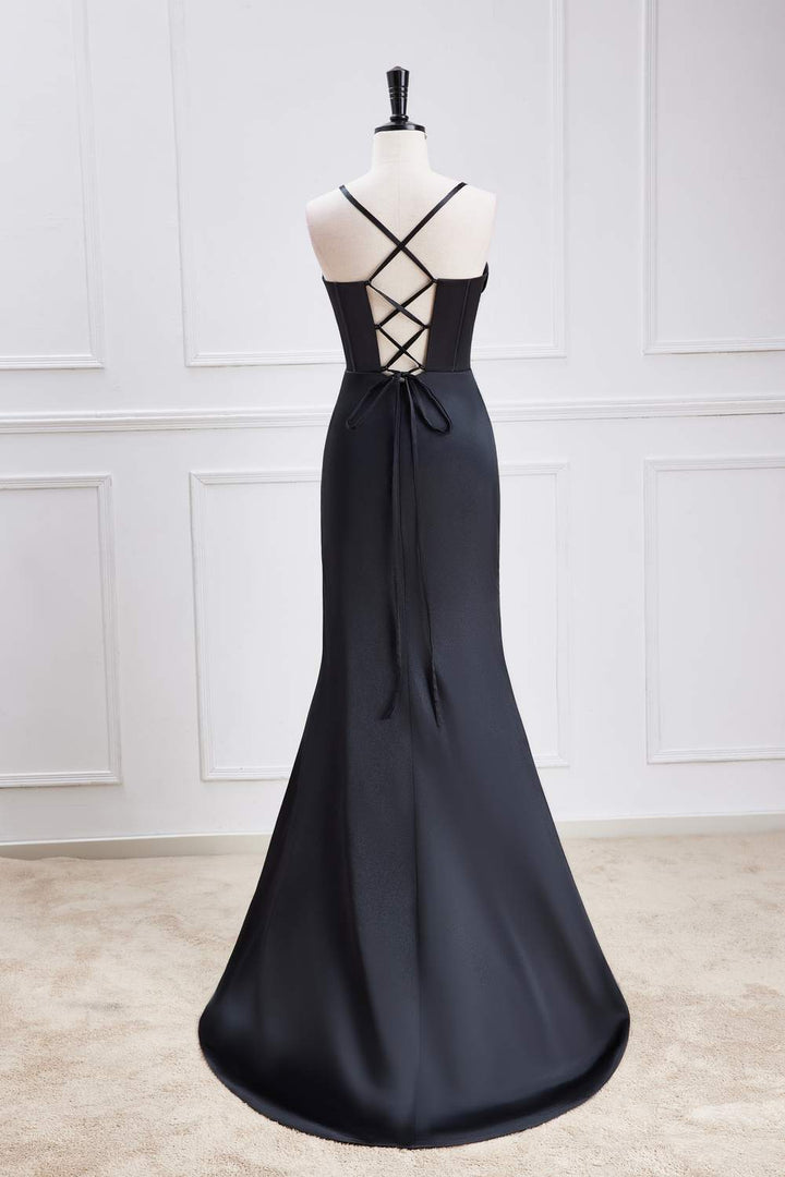 Straps Black Satin Slit Criss Cross Back Mermaid Bridesmaid Dress