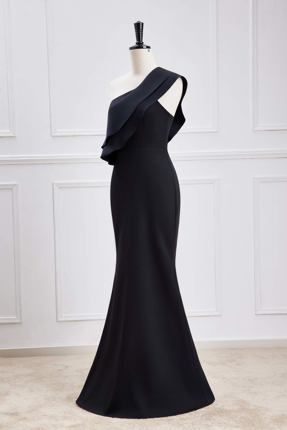 One Shoulder Black Ruffled Mermaid Bridesmaid Dress