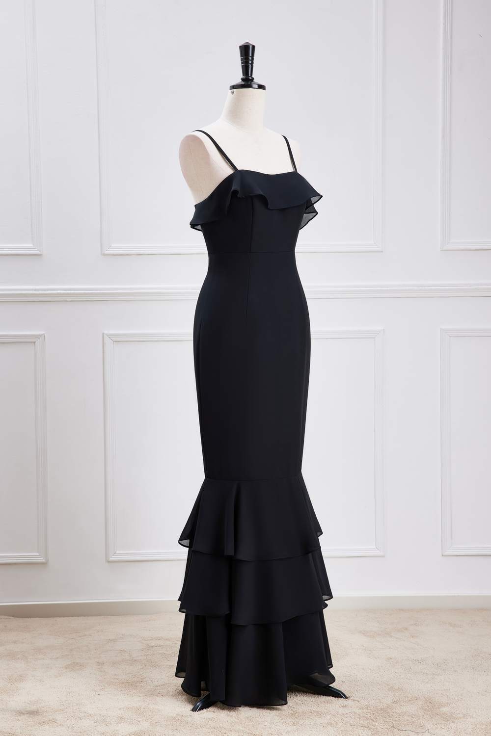 Straps Black  Ruffle  Long Mermaid Bridesmaid Dress